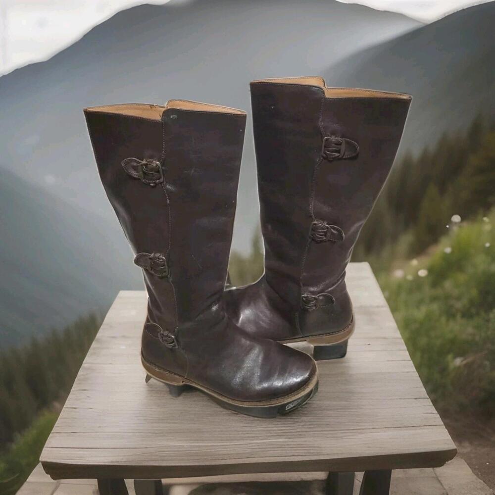FRYE Womens Boots Size 8.5 B 77066 Paige Tall 3-Buckle Leather Brown Knee High